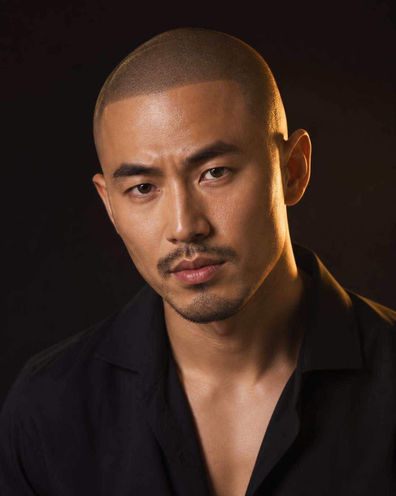 Asian man with a closely shaved head and defined SMP hairline